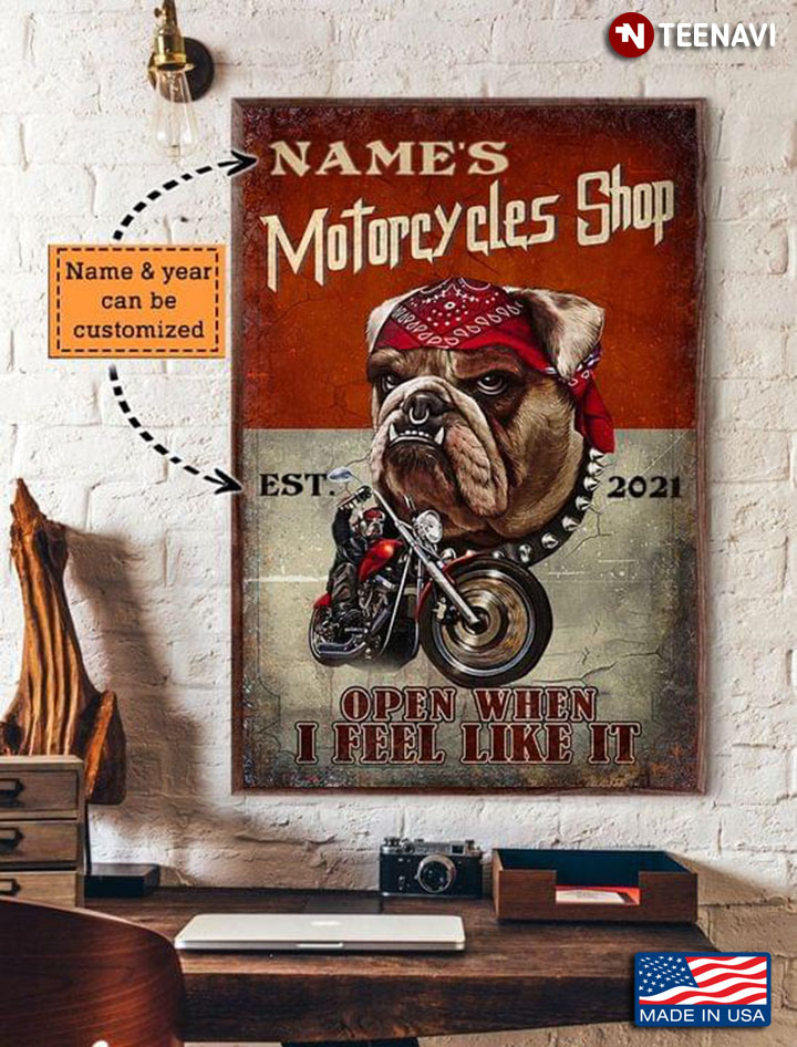 Vintage English Bulldog Customized Name & Year Motorcycles Shop Open When I Feel Like It