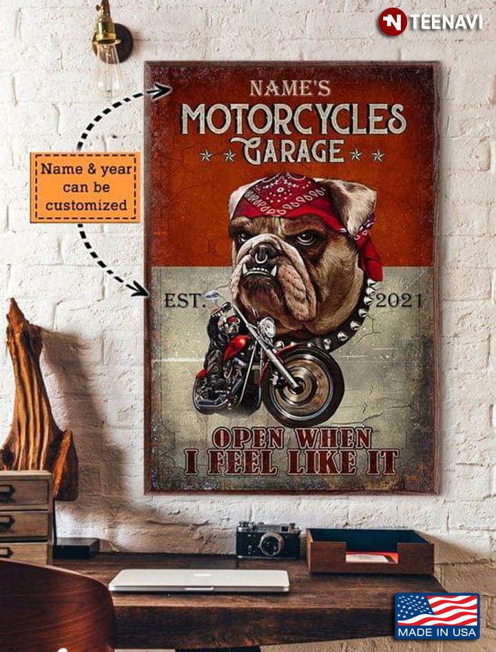 Vintage English Bulldog Customized Name & Year Motorcycles Garage Open When I Feel Like It