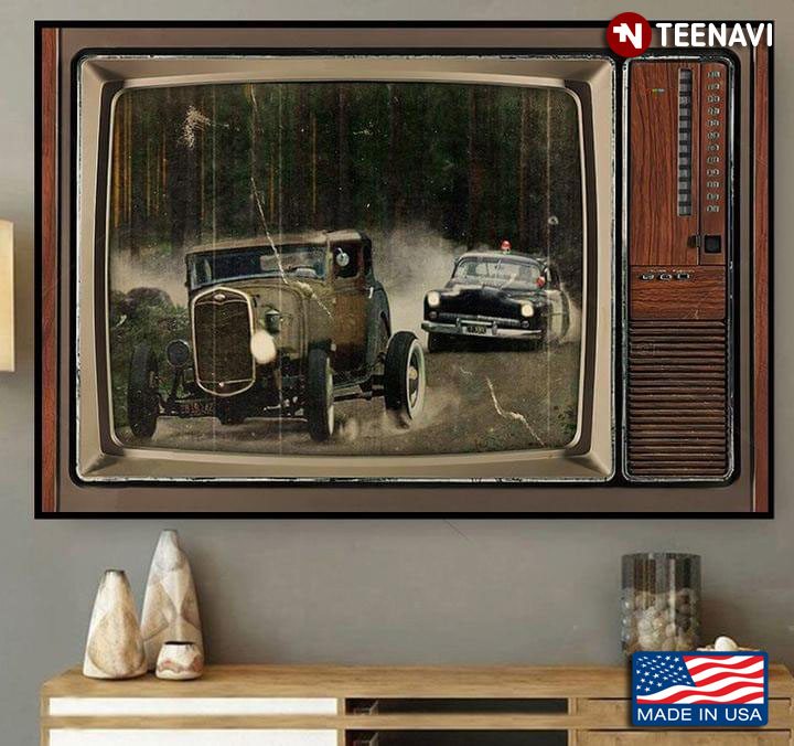 Vintage Television Frame Hot Rod Car & Police Car Racing