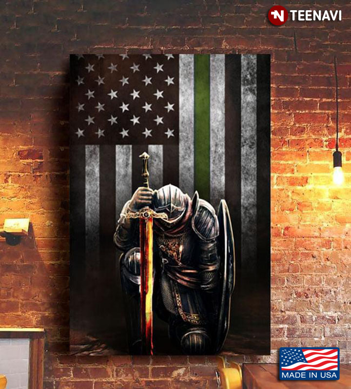 Black Theme Thin Green Line Black And White American Flag With Kneeling Knight