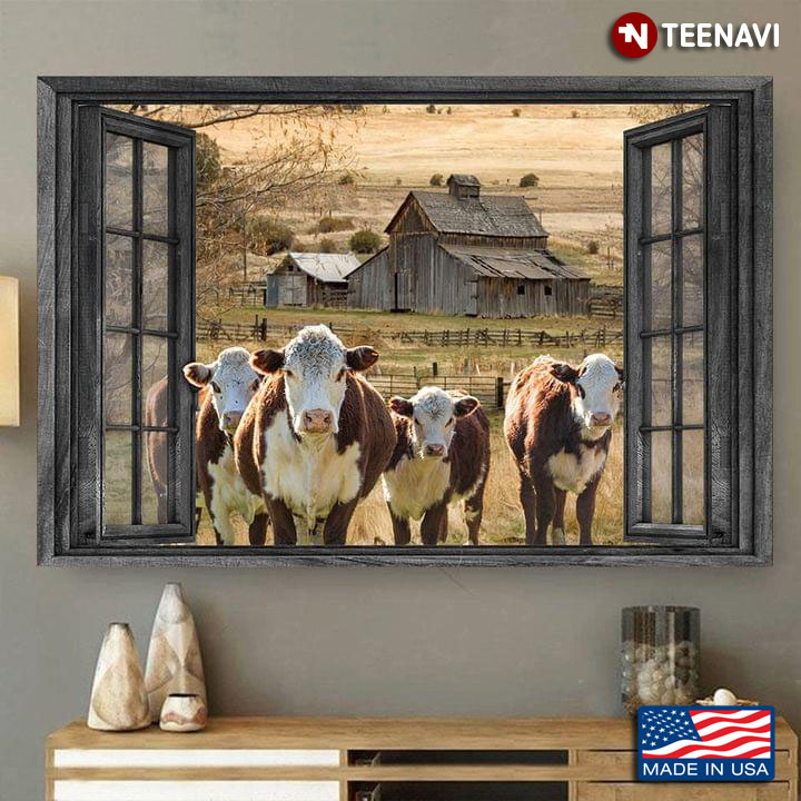 Vintage Window Frame With Brown & White Cows On Farm