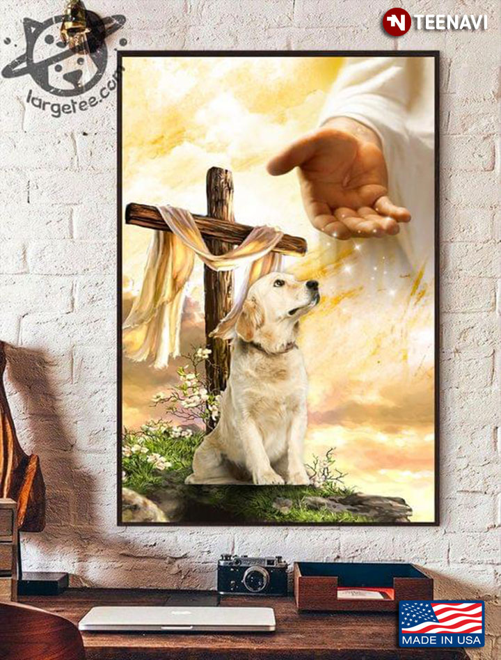 Vintage Jesus Christ Giving His Helping Hand To Labrador Retriever Puppy & Jesus Cross Draped With White Cloth