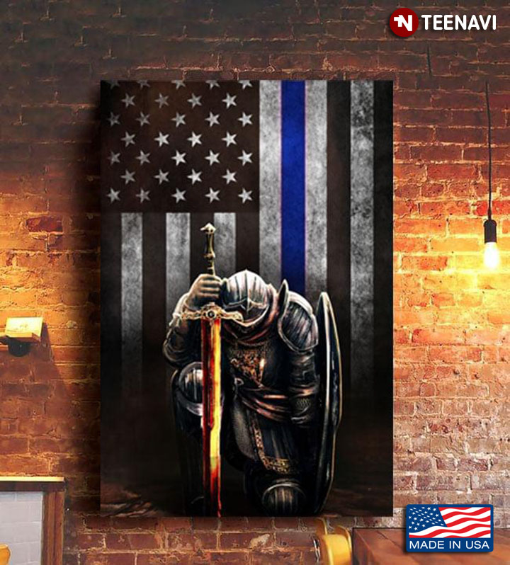 Black Theme Thin Blue Line Black And White American Flag With Kneeling Knight