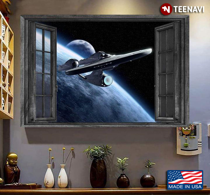 Vintage Window Frame With Spaceship In Outer Space