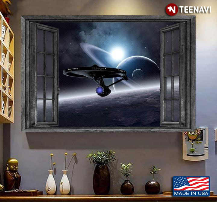 Vintage Window Frame With Satellite In Outer Space