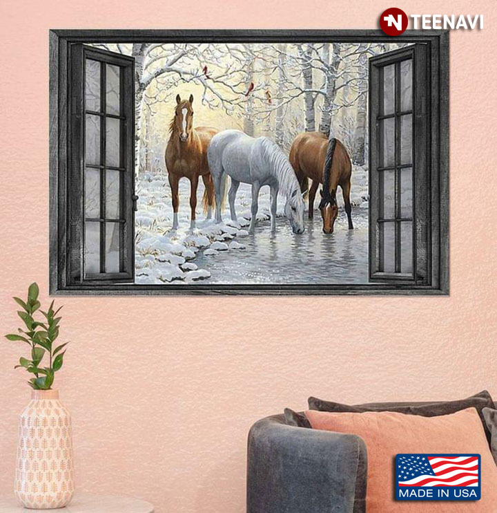 Vintage Window Frame With Horses And Birds In Snow Forest