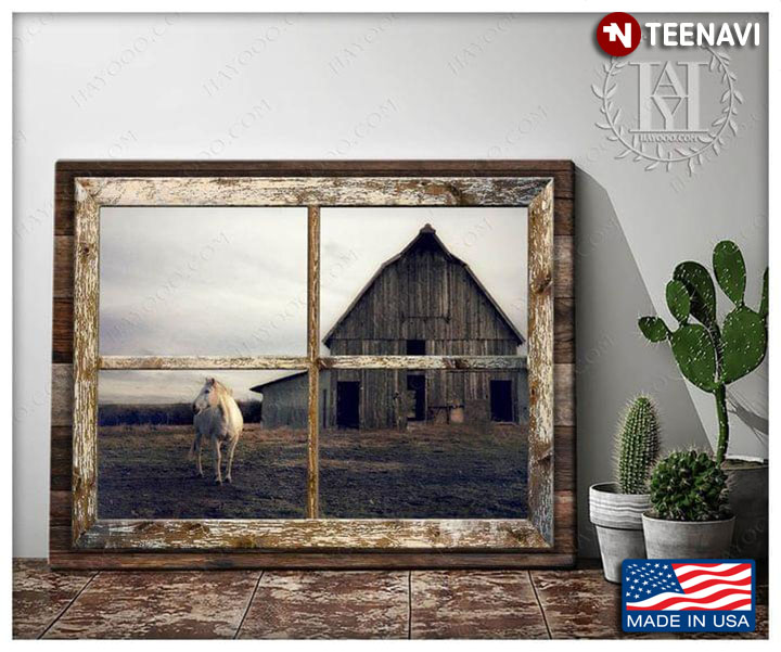 Vintage Window Frame With White Horse On Farm