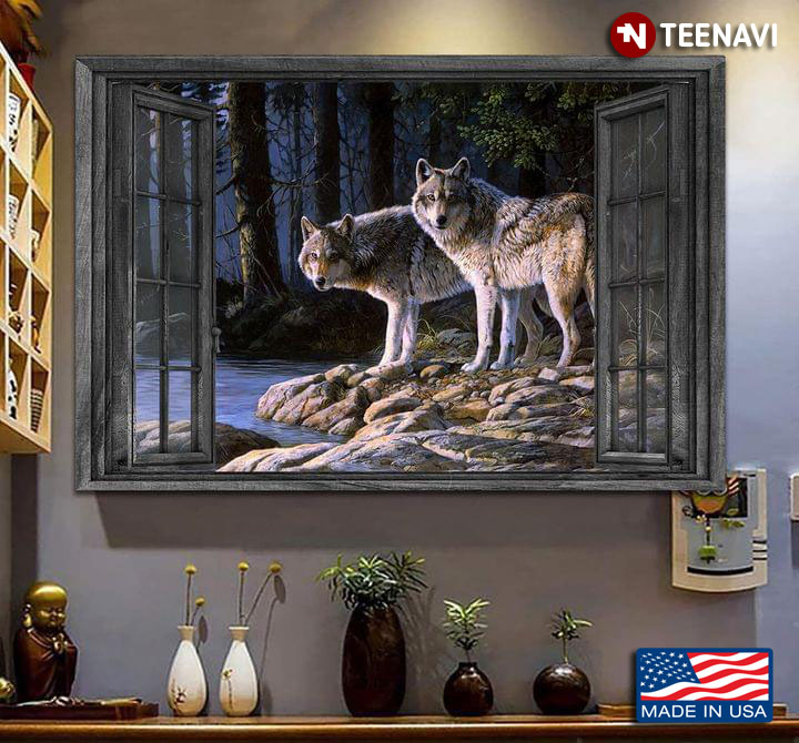 Vintage Window Frame With Wolf Couple At Lake