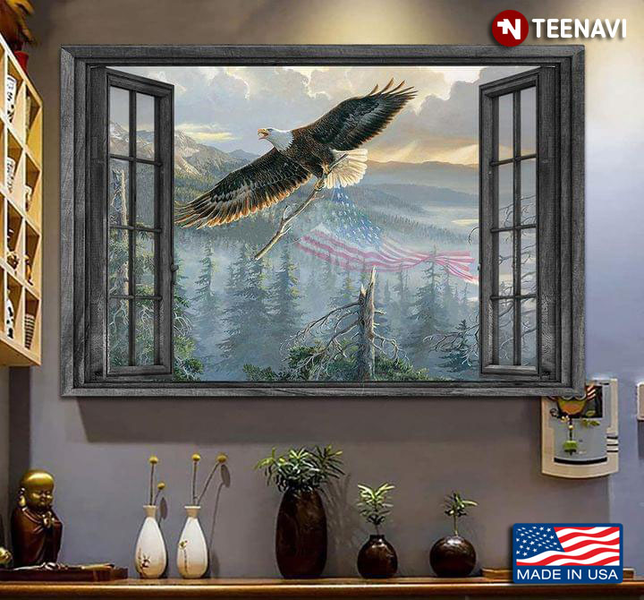 Vintage Window Frame With Eagle Flying With American Flag
