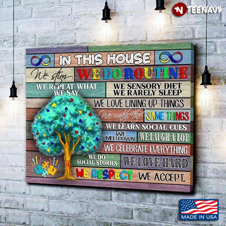 Vintage Colourful Autism Awareness Tree In This House We Stim We Do Routine We Repeat What We Say