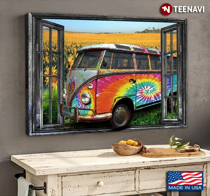 Vintage Window Frame With Blooming Sunflower Field & Hippie Peace Volkswagen  Bus Canvas Poster - TeeNavi