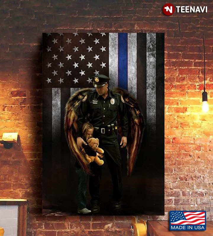 Vintage Thin Blue Line American Flag Dad With Angel Wings And His Daughter