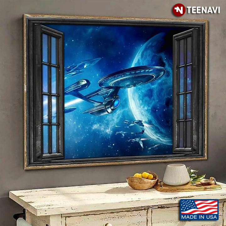 Vintage Window Frame With Lots Of Spaceships In Outer Space