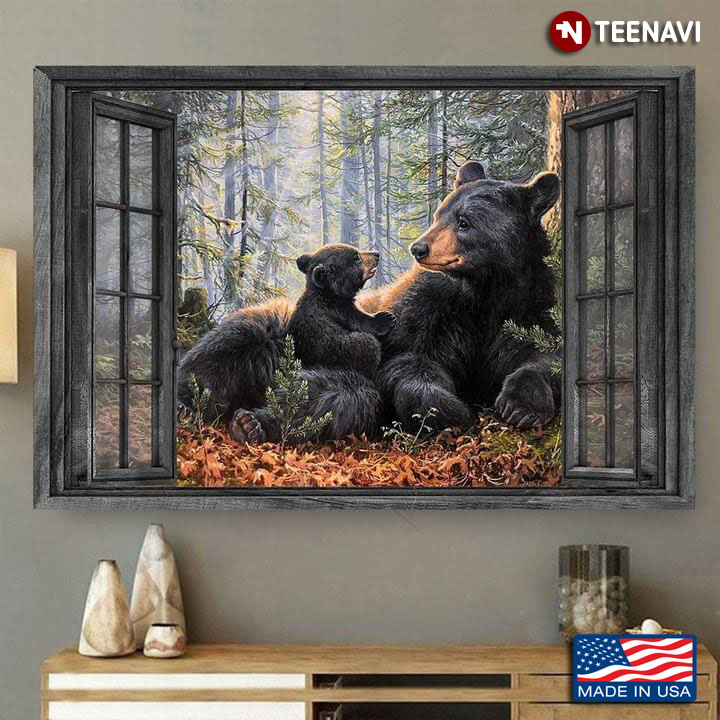 Vintage Window Frame With Black Bear Parent And Baby In The Forest
