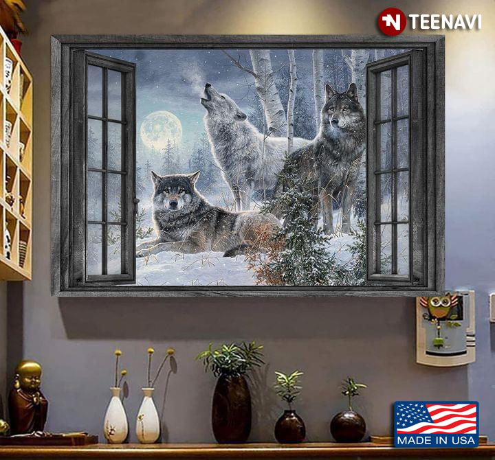 Vintage Window Frame With Three Wolves Under The Moon
