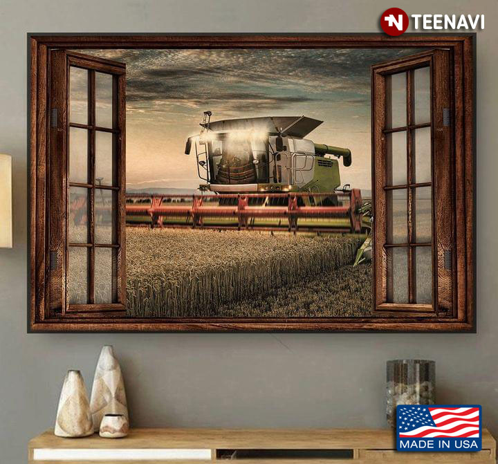 Vintage Window Frame With Combine Harvester On Farm