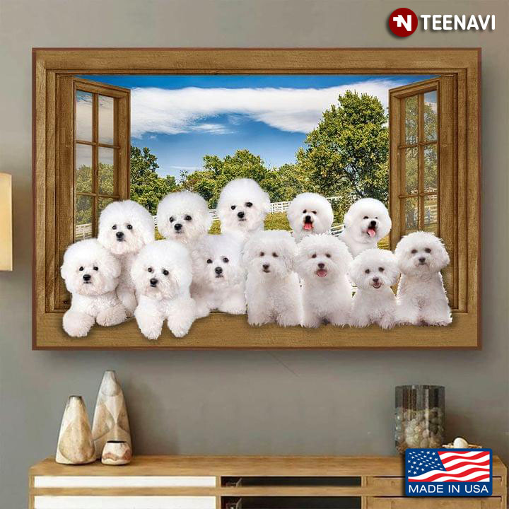 Vintage Window Frame With Bichon Frise Dogs In The Garden