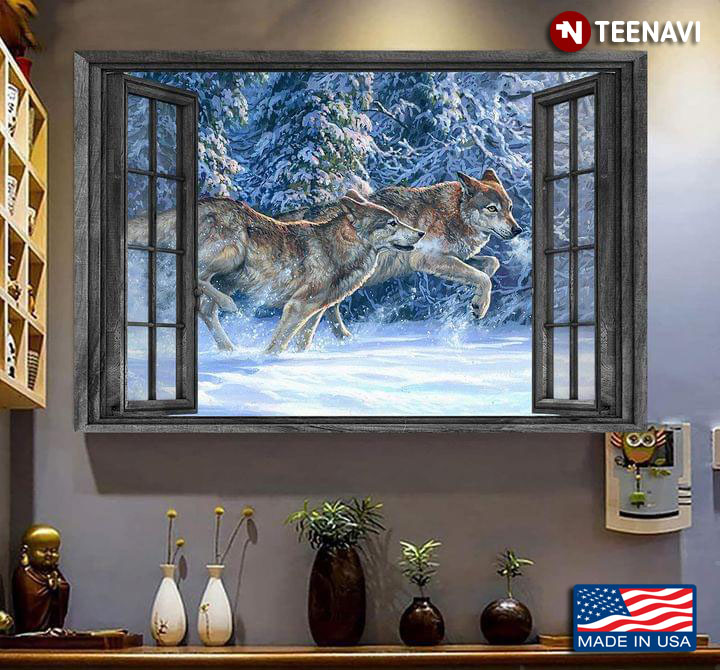 Vintage Window Frame With Wolf Couple Running In Snow
