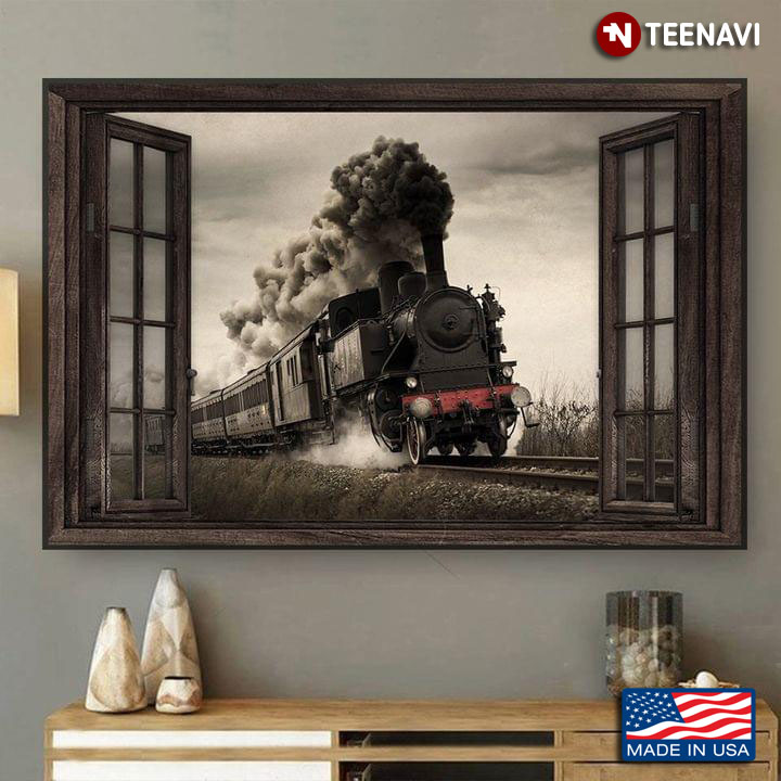 Vintage Window Frame With Train Running On Railway Track