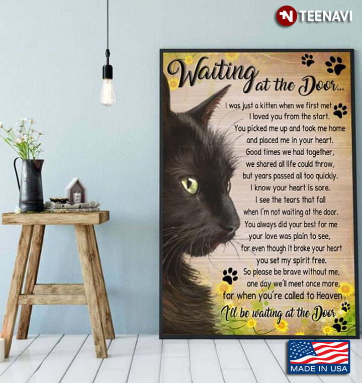Vintage Customized Name Black Cat & Tiny Yellow Flowers Waiting At The Door I Was Just A Kitten When We First Met