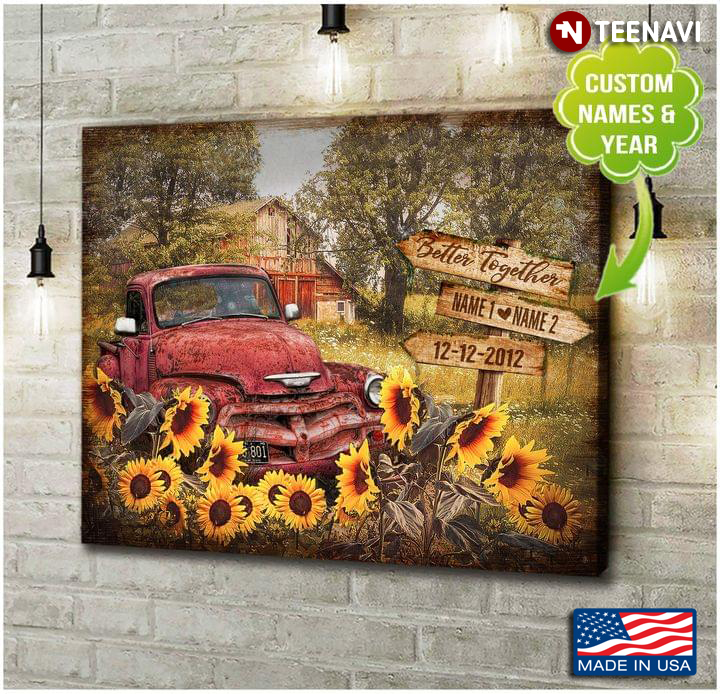 Vintage Customized Name & Year Red Classic Car And Sunflowers Better Together