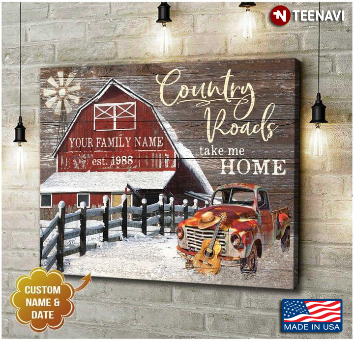 Vintage Farm Customized Family Name & Year Guitar & Old Car Country Roads Take Me Home