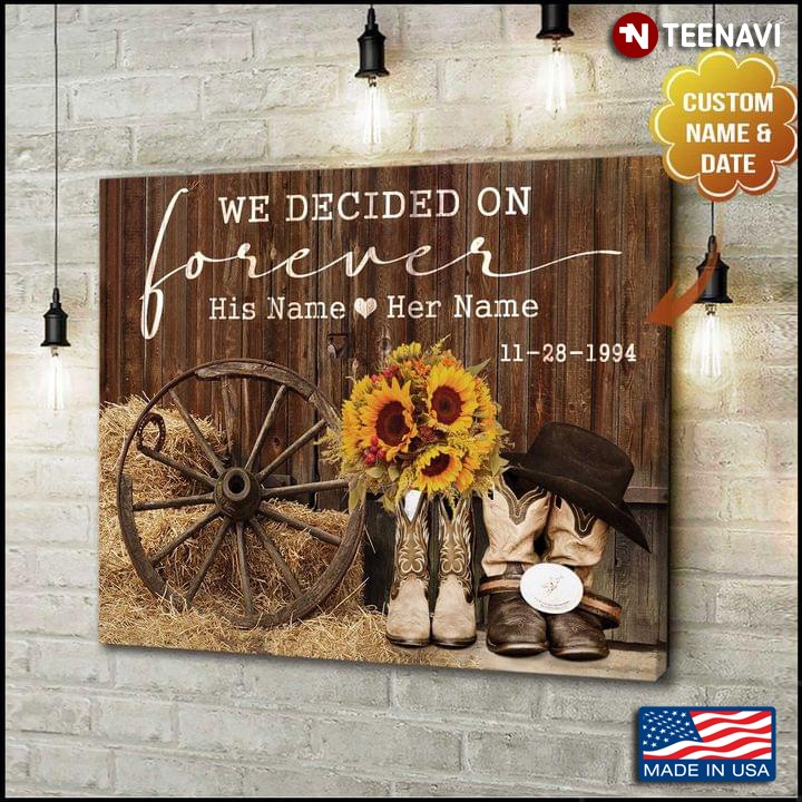 Vintage Customized Name & Date Bride And Groom Cowboy Boots With Sunflowers We Decided On Forever