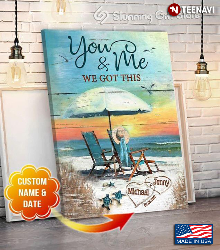 Vintage Customized Name & Date Sea Turtles & Wooden Chairs On Sandy Beach You & Me We Got This