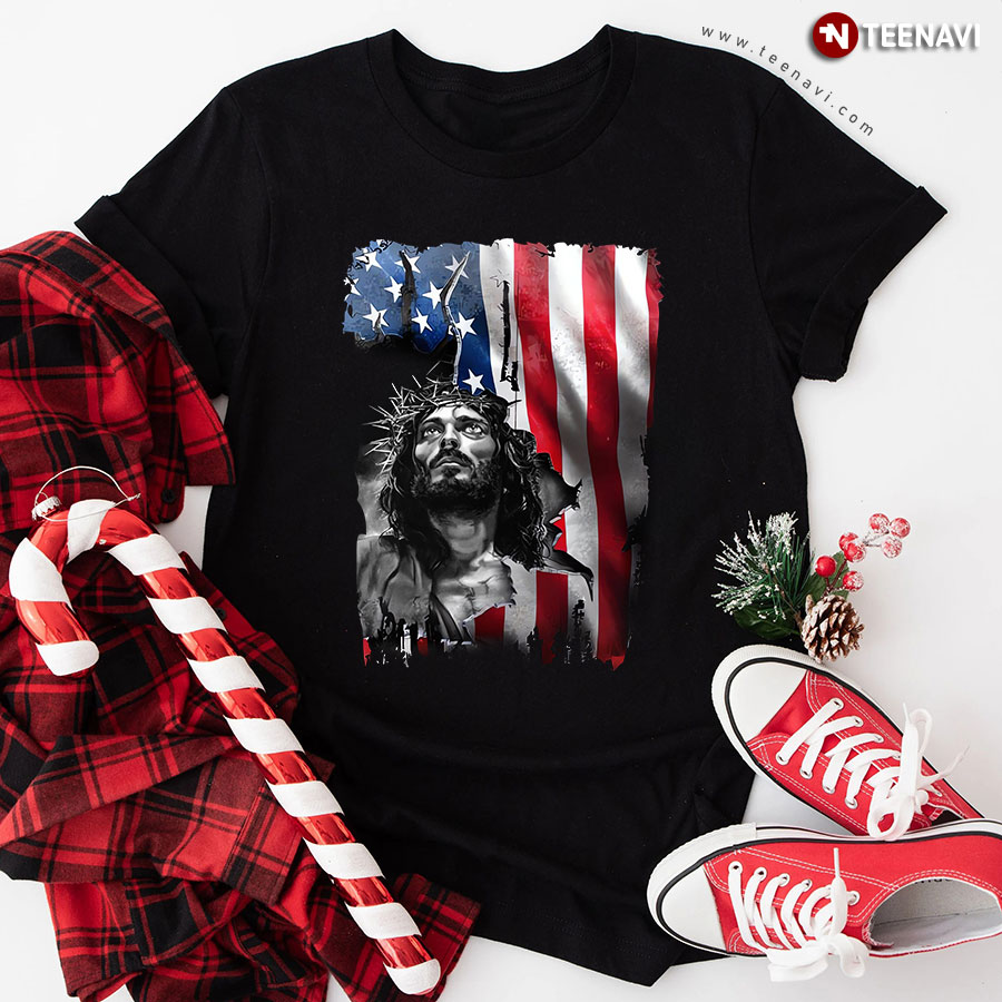 Behind America Is God Jesus Patriotic Religious Theme T-Shirt