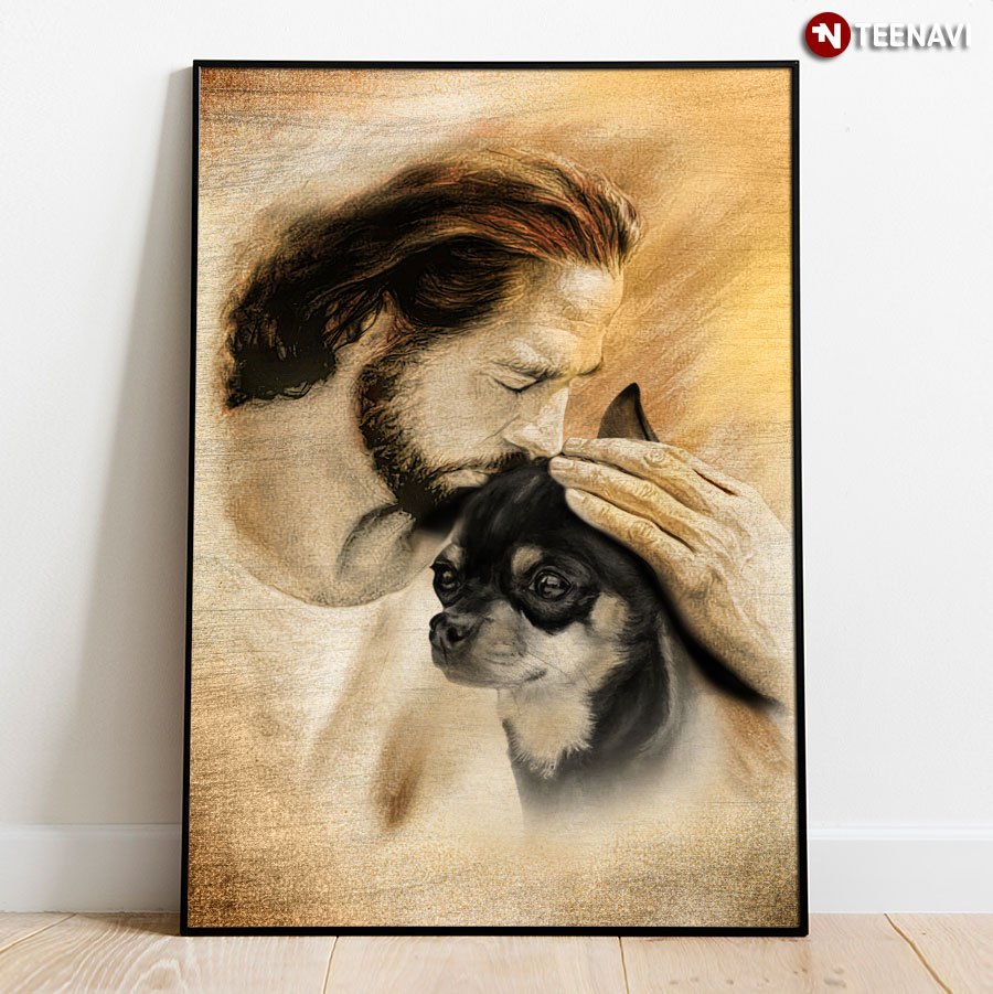 Vintage Jesus Christ Kissing Chihuahua Puppy Poster