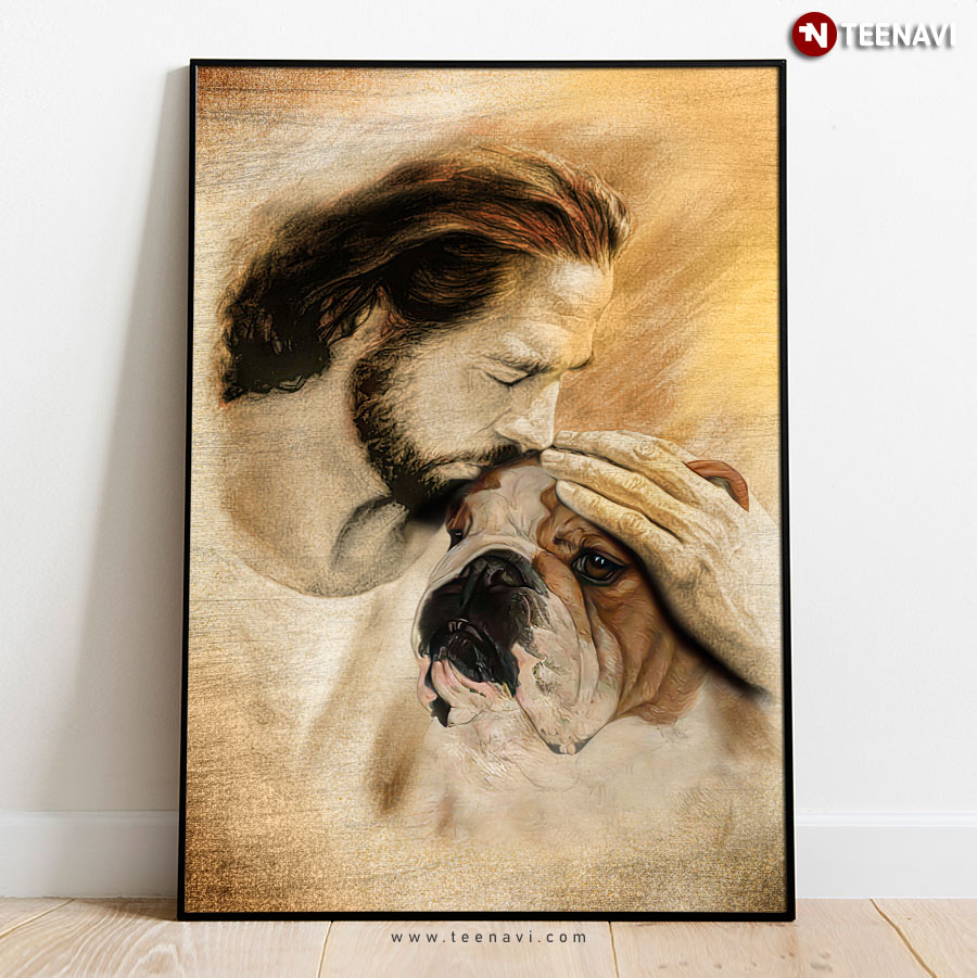 Vintage Jesus Christ Kissing Bulldog Poster