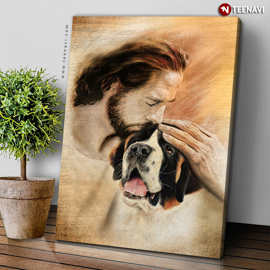 Vintage Jesus Christ Kissing Saint Bernard Dog Poster
