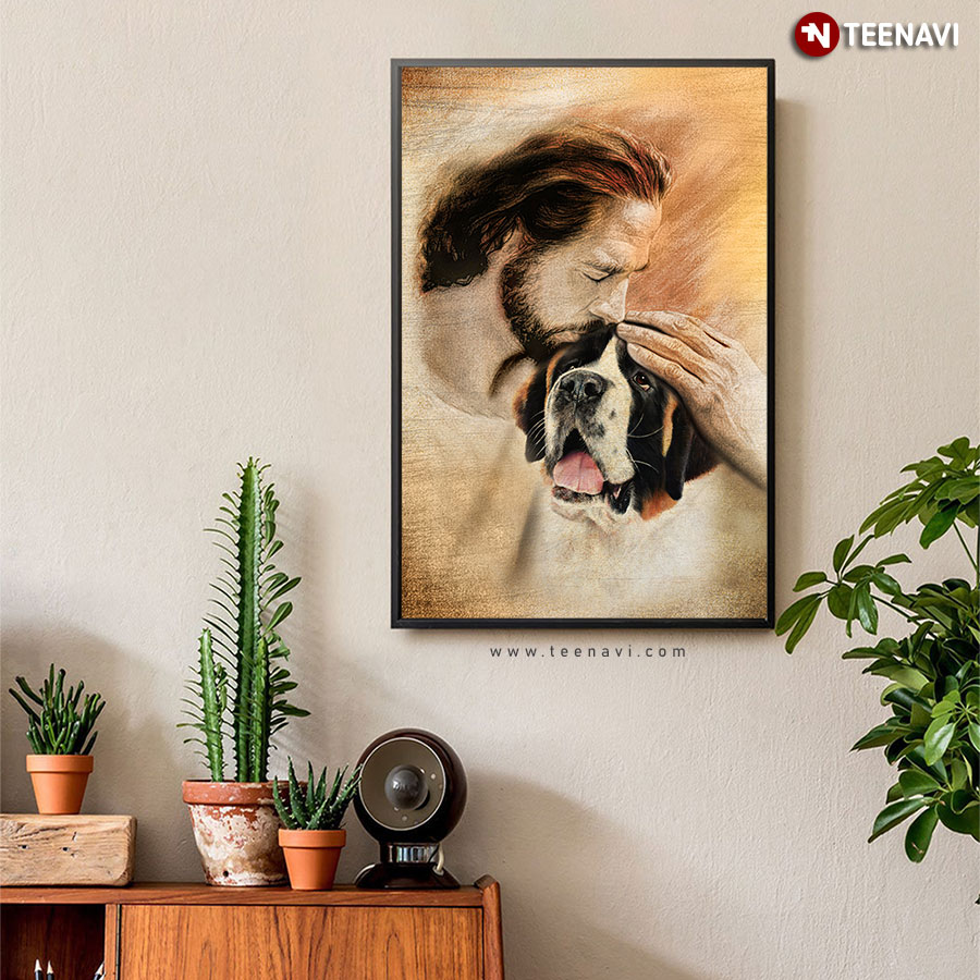 Vintage Jesus Christ Kissing Saint Bernard Dog Poster