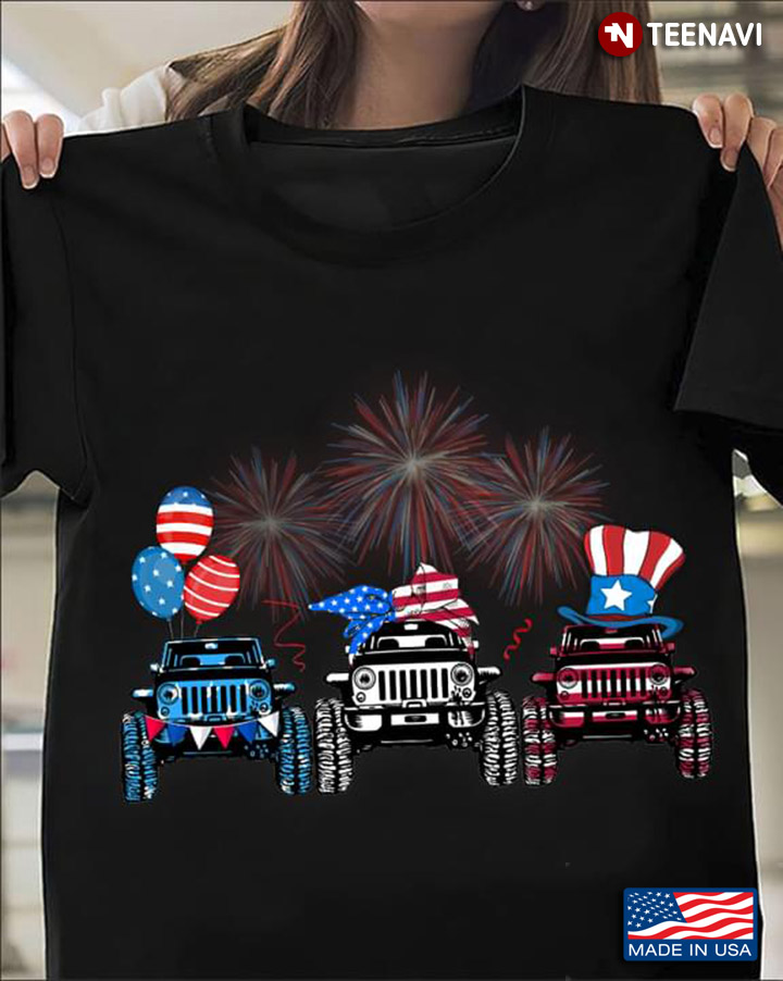 Three Jeeps And Fireworks Happy Independence Day For 4th Of July American Flag