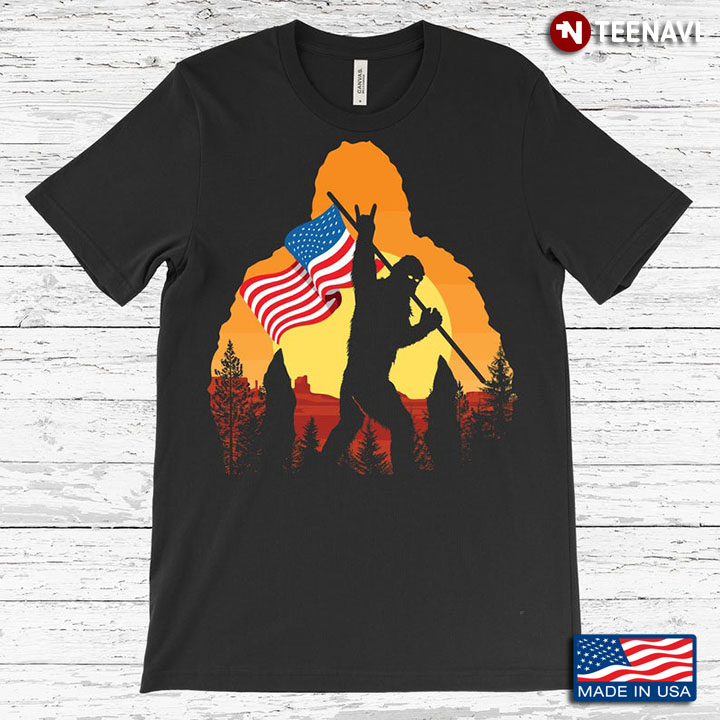 Bigfoot Walking In The Forest Sunset American USA Flag