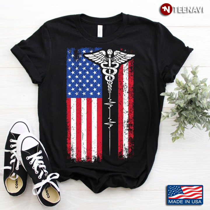 Caduceus Medical Symbol and Heartbeat Vintage American Flag