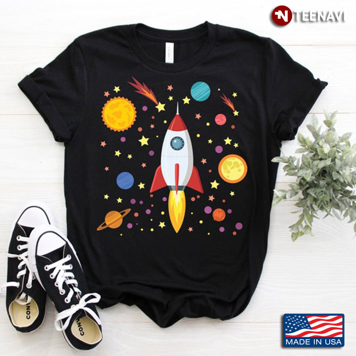 Rocket Fly To The Space with Planets and Stars for Space Lovers