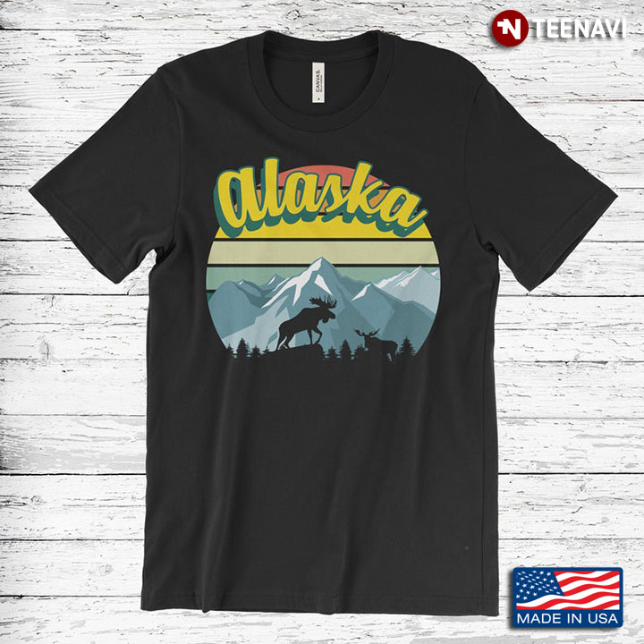 Vintage Alaska Mountain and Forest with Moose for Travelling Lovers
