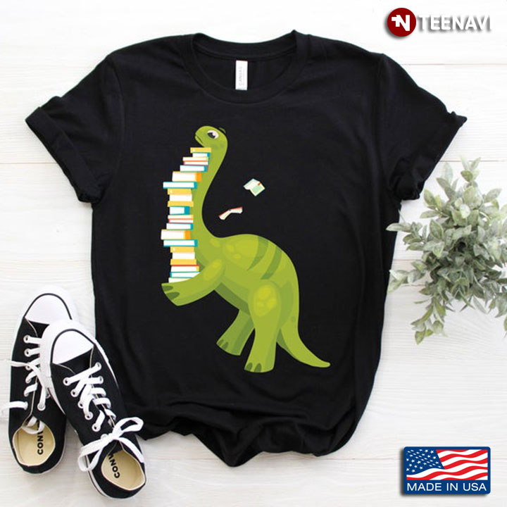 Adorable Green Dinosaur and A Pile of Books for Book Lovers