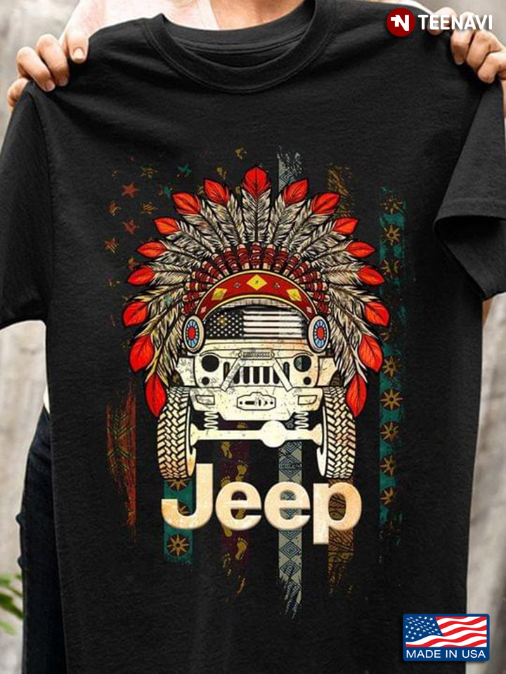 War Bonnet Native American Symbol and Jeep Old Vintage Style