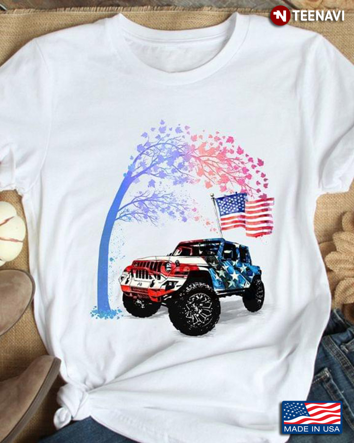 4th of July American Flag Colorful Tree Patriotic Jeep Driver