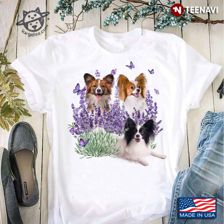 Japanese Chin Fluffy Puppies Purple Butterlies and Lavender Flowers for Dog Lover