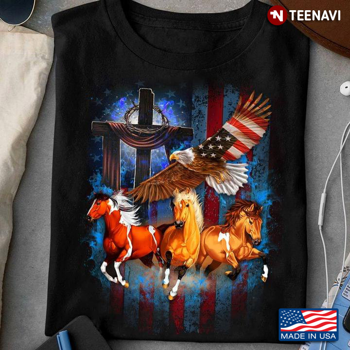 Patriotic Running Horses Eagle Jesus American USA Flag