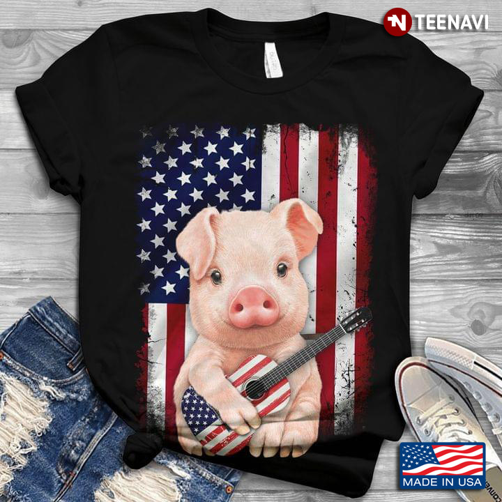 Patriotic Cute Pig with Guitar American USA Flag
