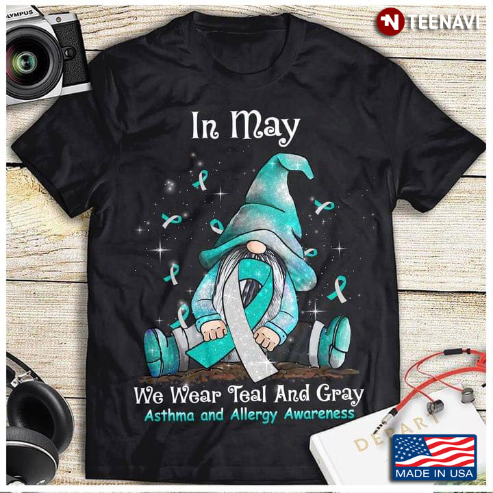 Gnome I May We Wear Teal and Grey Asthma and Allergy Awareness Ribbon