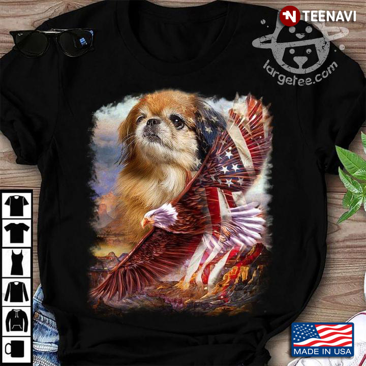 Pomeranian Puppy and Eagle American USA Flag for Dog Lover