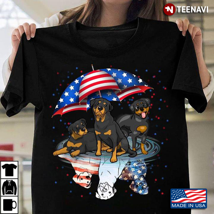 Patriotic Rottweiler Under USA Flag Umbrella Water Reflection for Patriotic Dog Lover