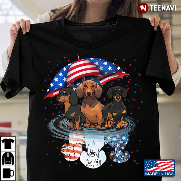 Patriotic Dachshund Under USA Flag Umbrella Water Reflection for Patriotic Dog Lover