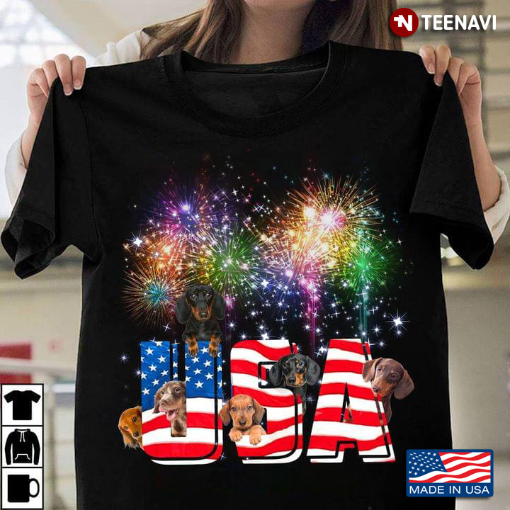 Celebrating Independece Day American USA Flag Firework Dachshund for Patriotic Dog Lover