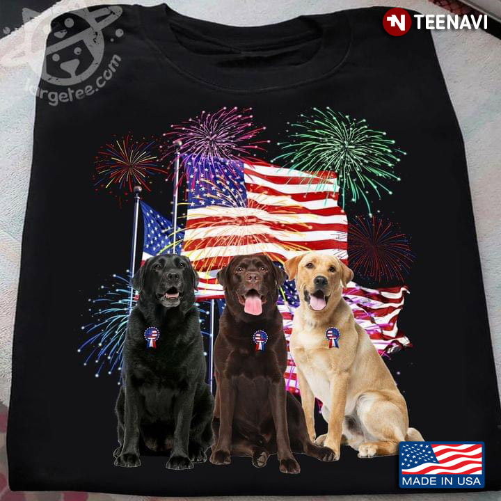 Labrador Retriever Celebrating Independence Day American Flag and Firework for Dog Lover